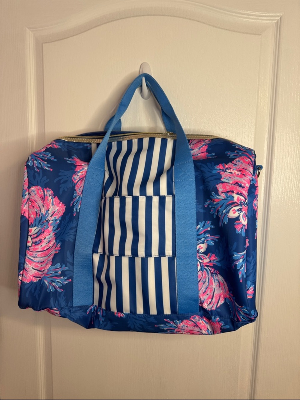 Lilly Pulitzer Blue Floral Travel Weekender with Pink Accents